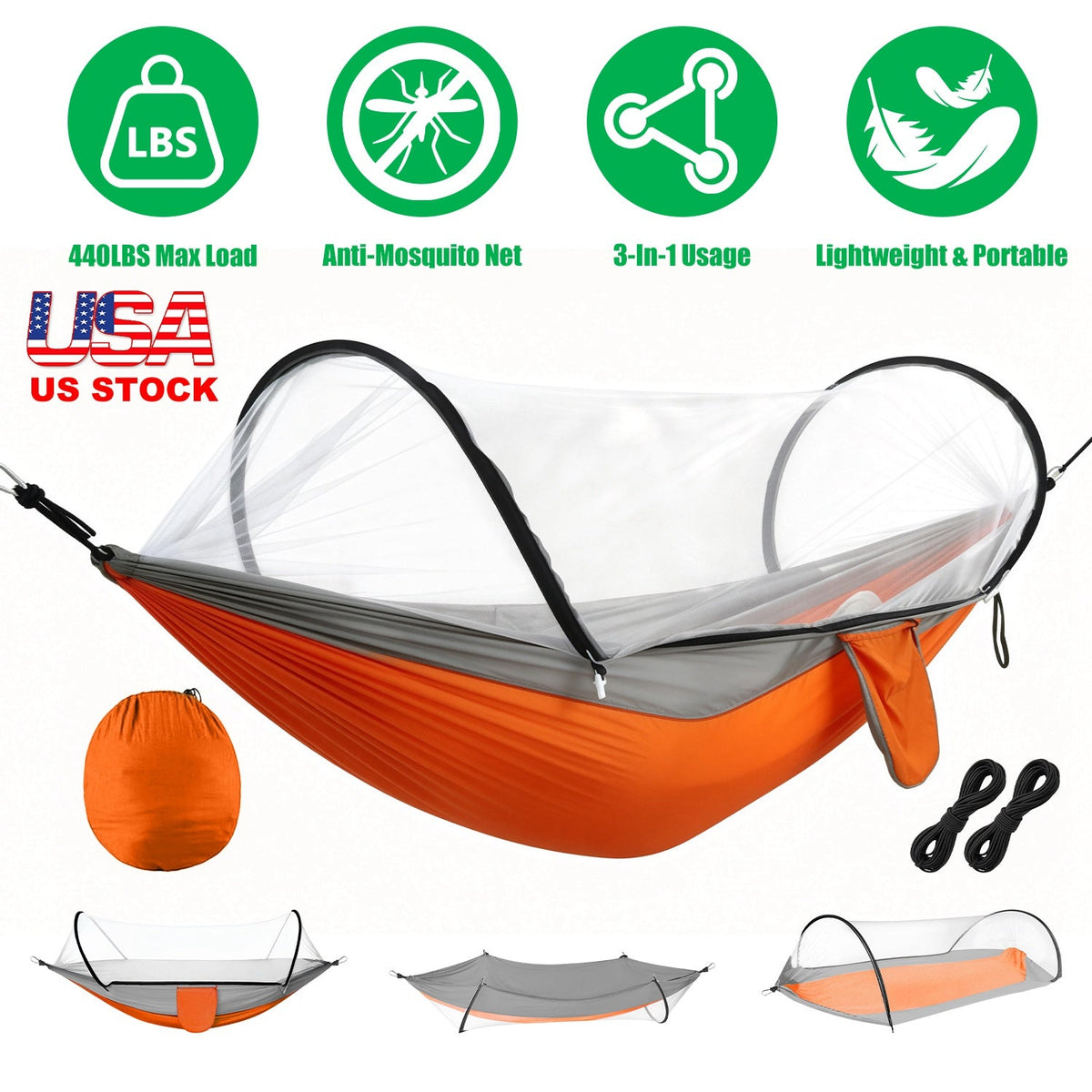 Hammock with Mosquito Net 3-in-1 Portable 440lbs