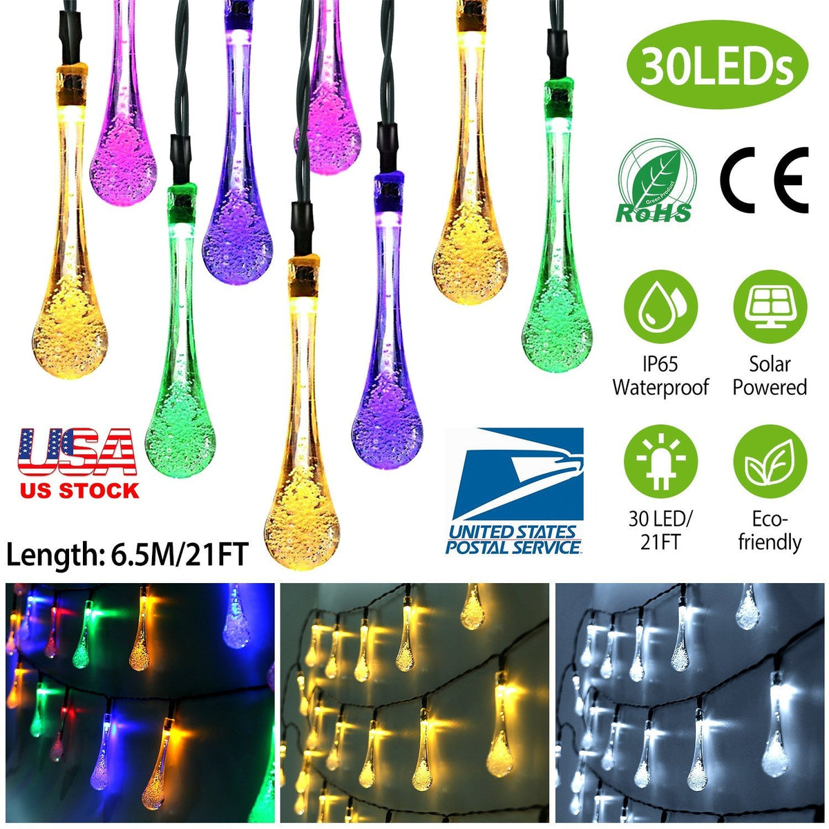 21 Feet 30 LEDs Water Drop Solar Powered Lights