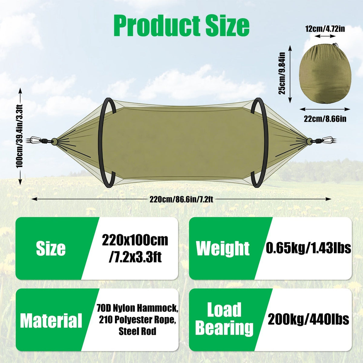 Hammock with Mosquito Net 3-in-1 Portable 440lbs