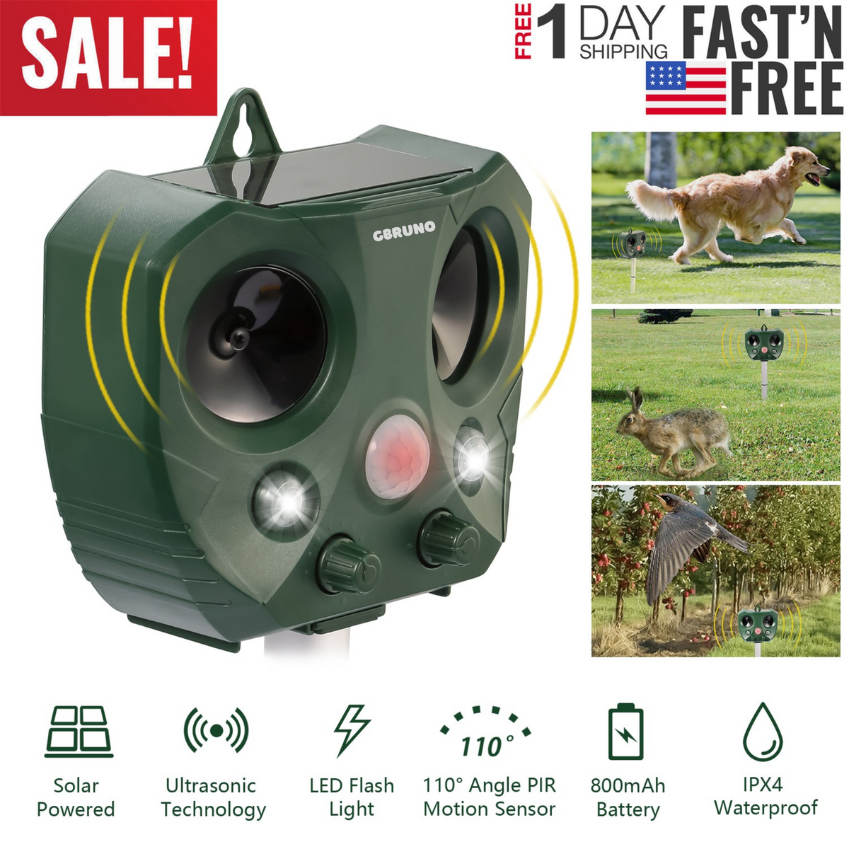 Ultrasonic Animal Repeller Solar Powered with Motion Sensor