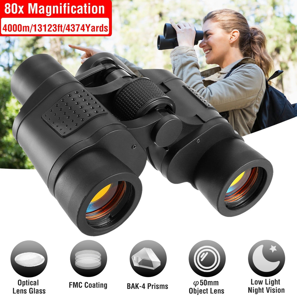 HD Binoculars with FMC Lens Low Light Night Vision Telescope
