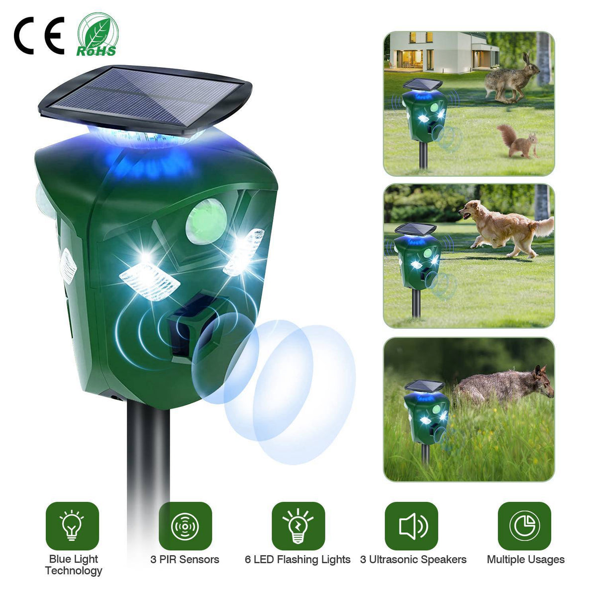 Solar Powered Ultrasonic Animal Repeller 360