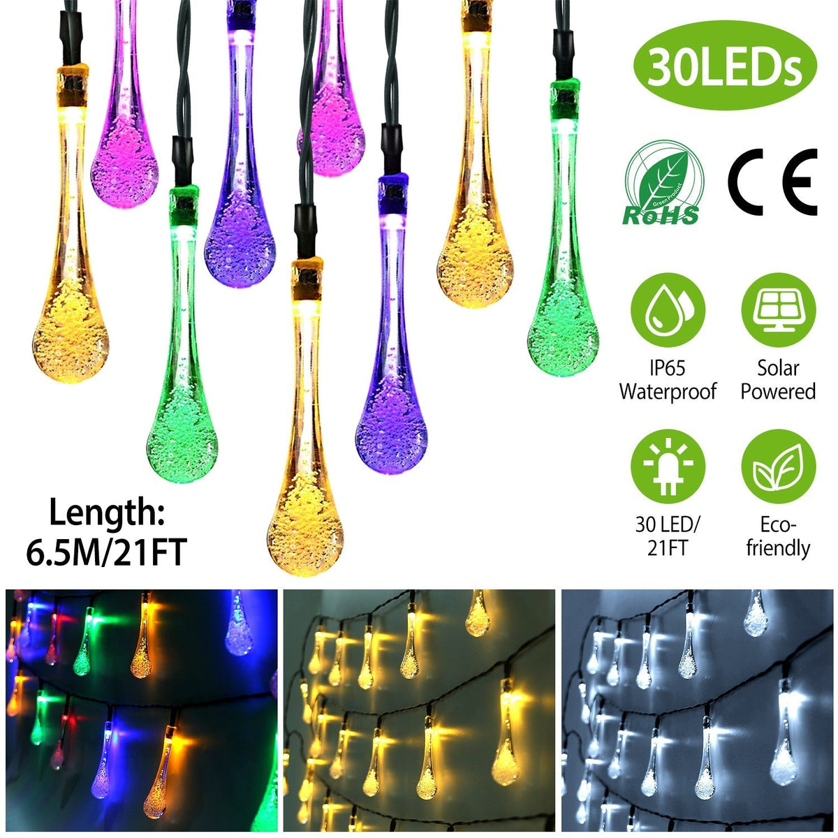 21 Feet 30 LEDs Water Drop Solar Powered Lights
