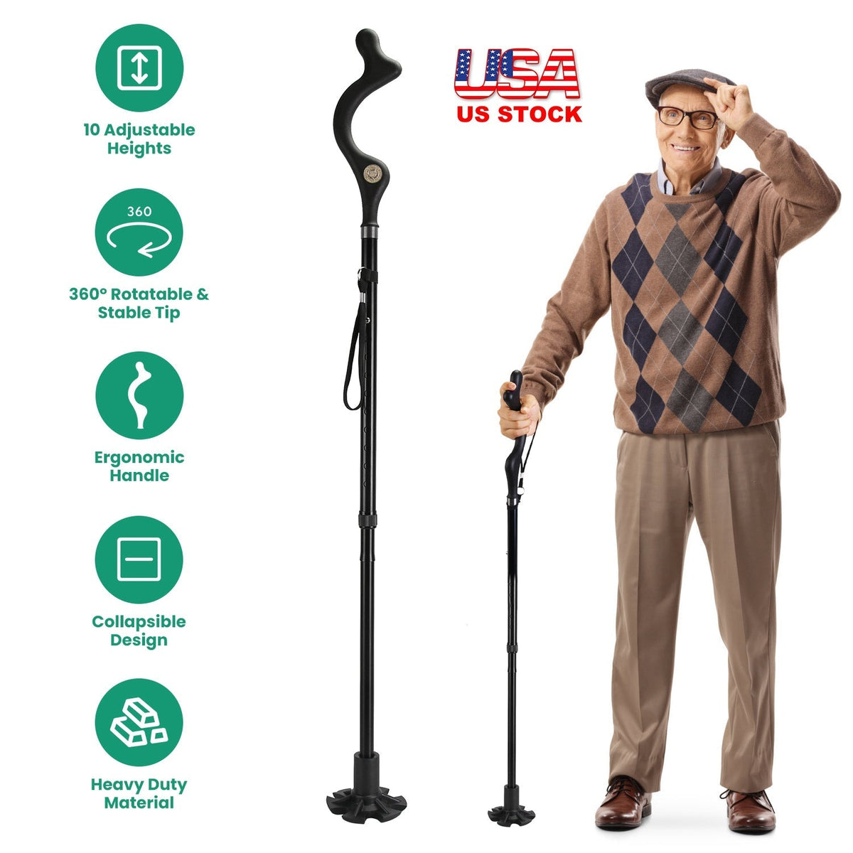 Posture Walking Cane with 10 Adjustable Heights