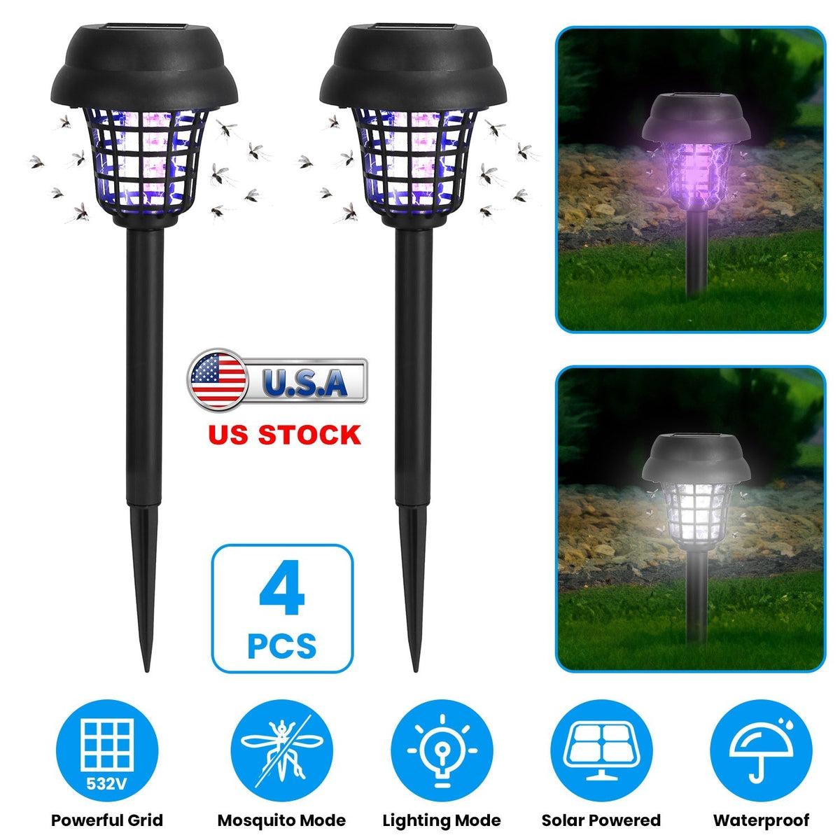 4 Pack Solar Powered Mosquito Zapper with UV White Light