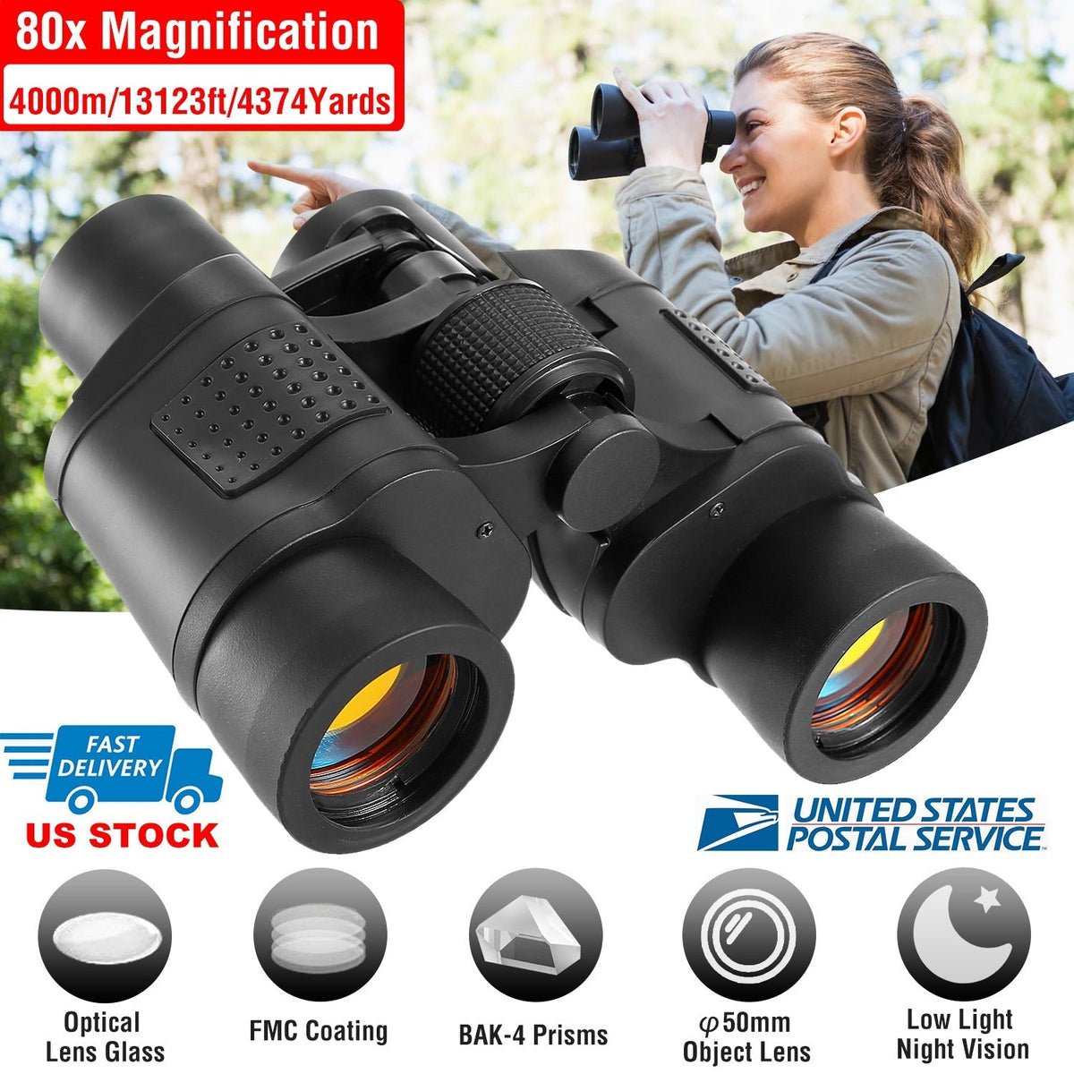 HD Binoculars with FMC Lens Low Light Night Vision Telescope