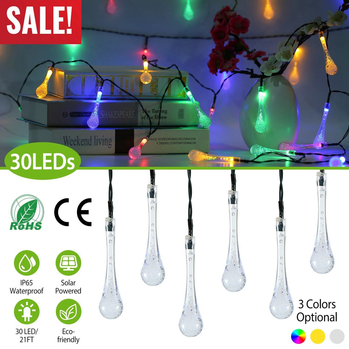 21 Feet 30 LEDs Water Drop Solar Powered Lights