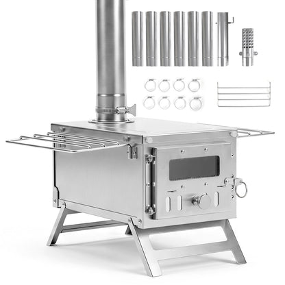 Portable Wood Burning Tent Stove with 7 Chimney Pipes