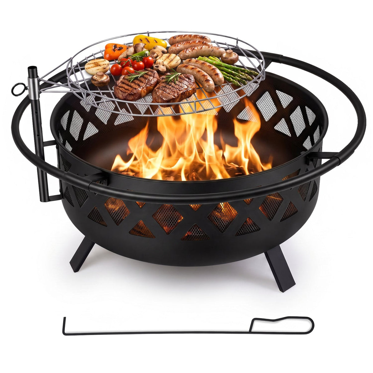 36-Inch Fire Pit with Adjustable Rotatable Grill Grate