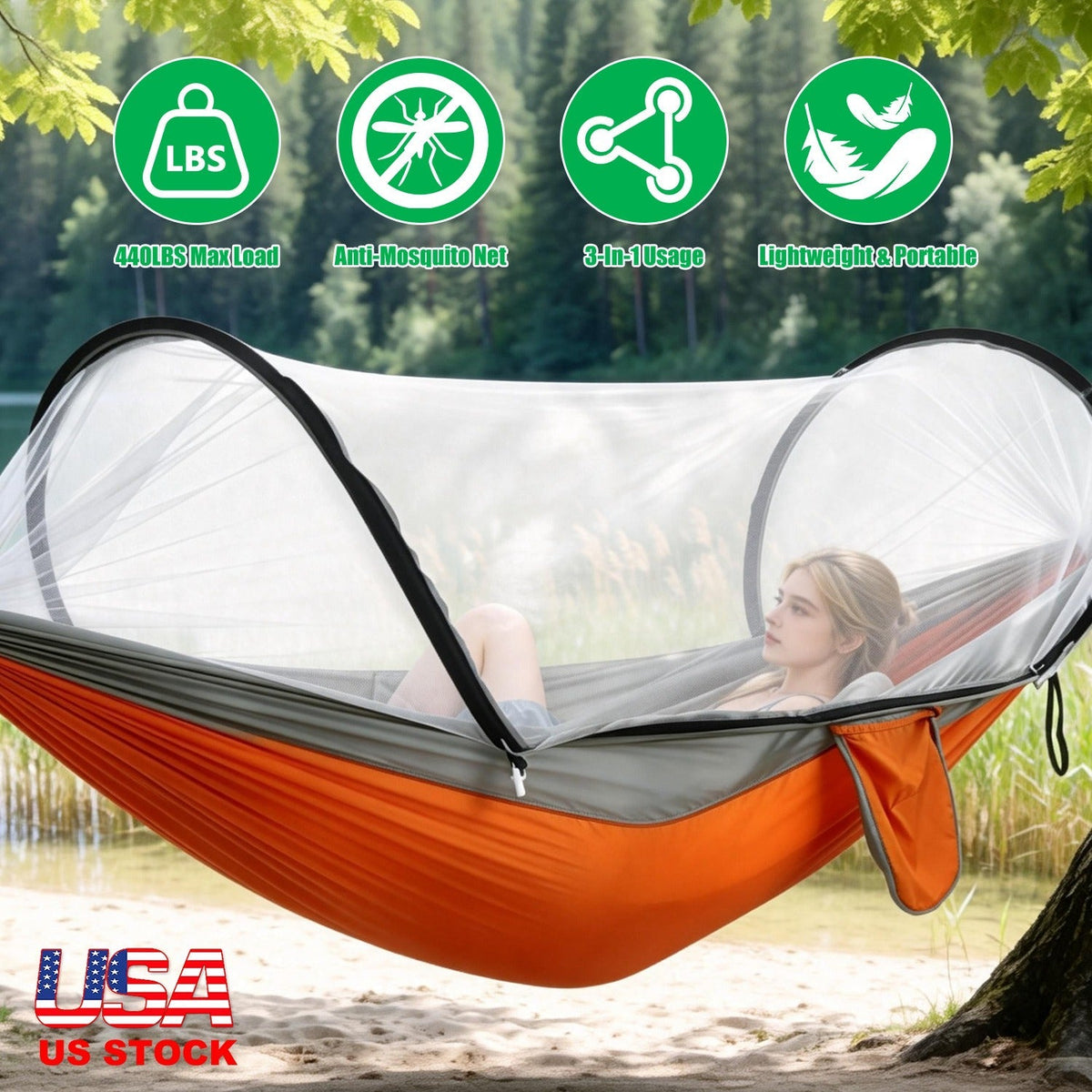 Hammock with Mosquito Net 3-in-1 Portable 440lbs