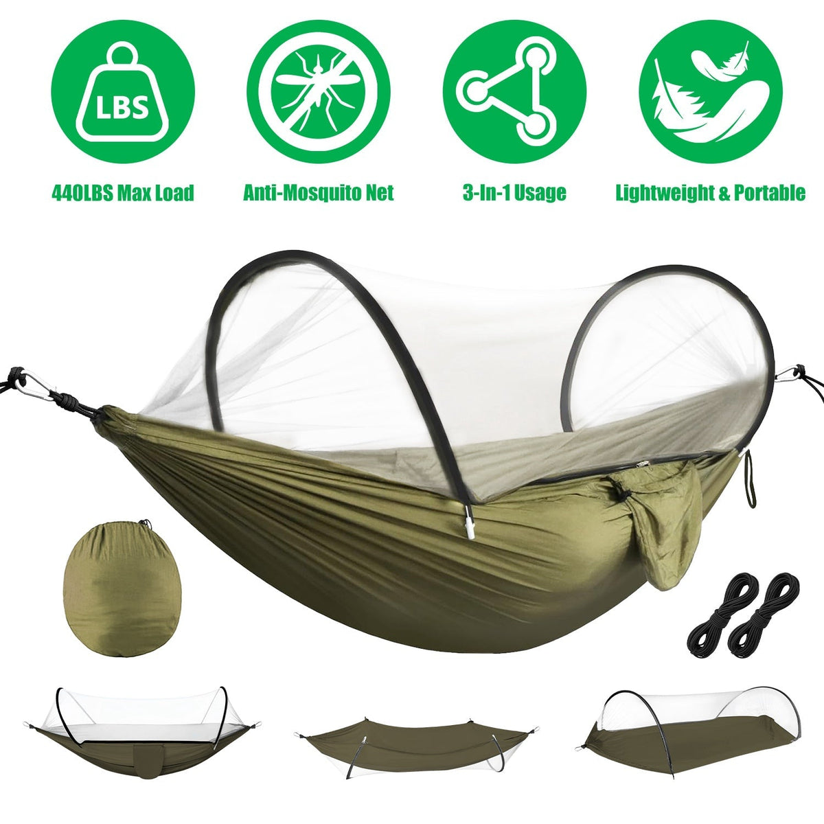 Hammock with Mosquito Net 3-in-1 Portable 440lbs