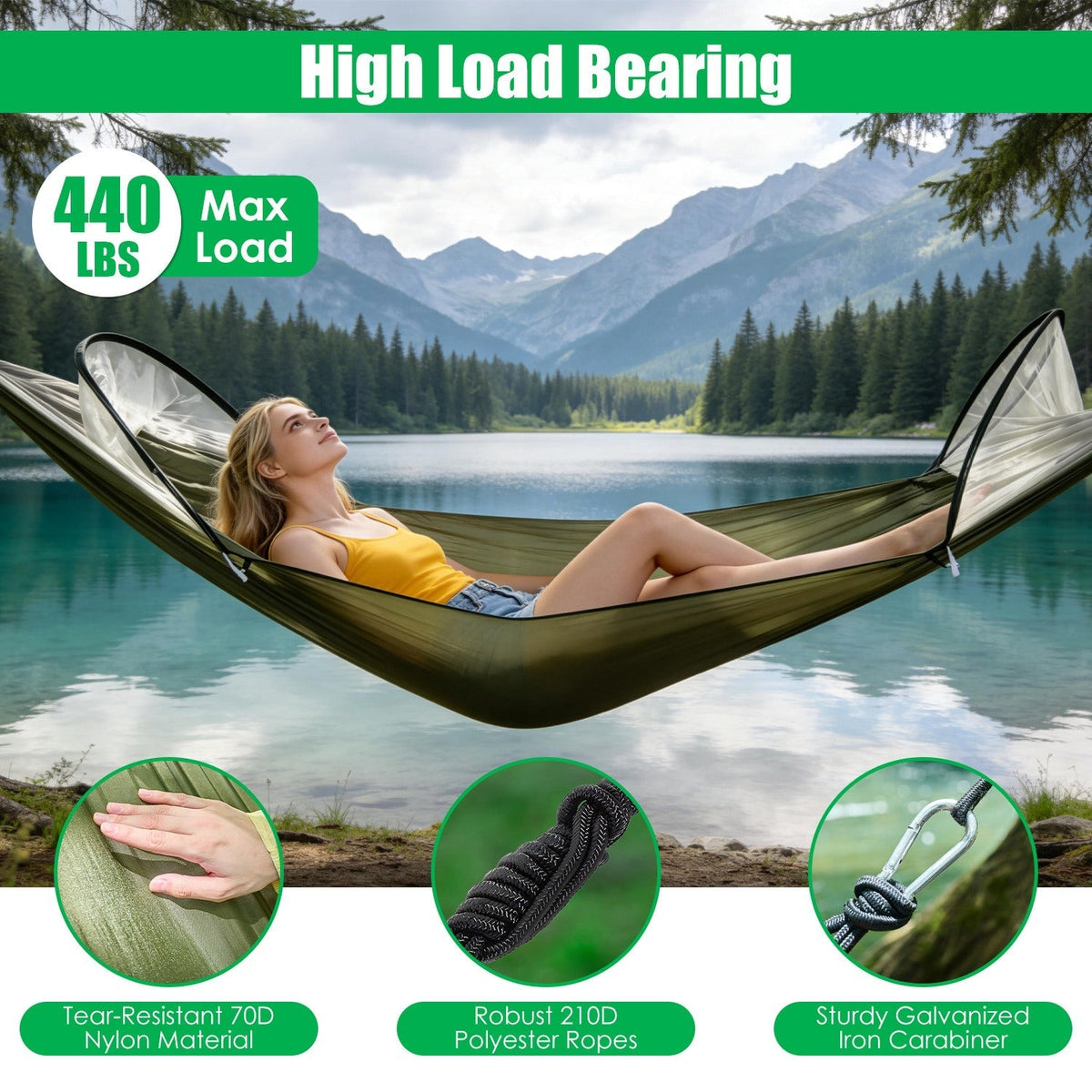 Hammock with Mosquito Net 3-in-1 Portable 440lbs