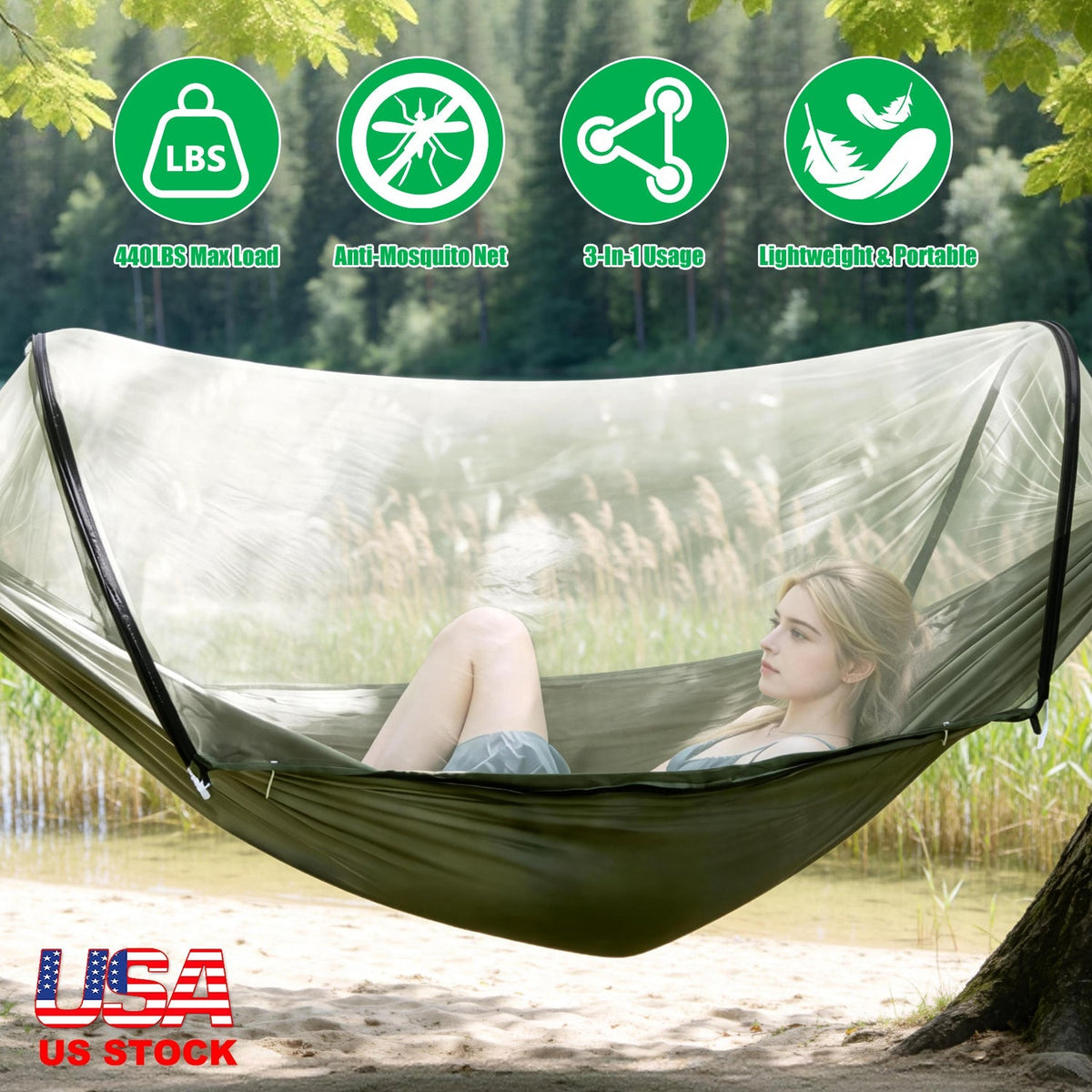 Hammock with Mosquito Net 3-in-1 Portable 440lbs