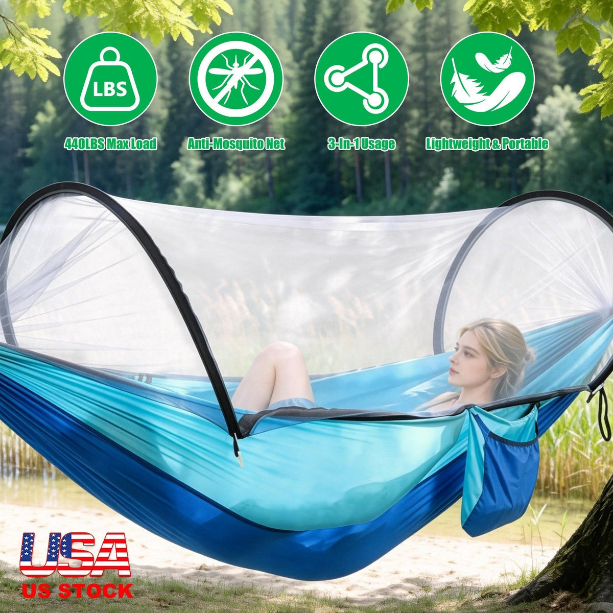Hammock with Mosquito Net 3-in-1 Portable 440lbs
