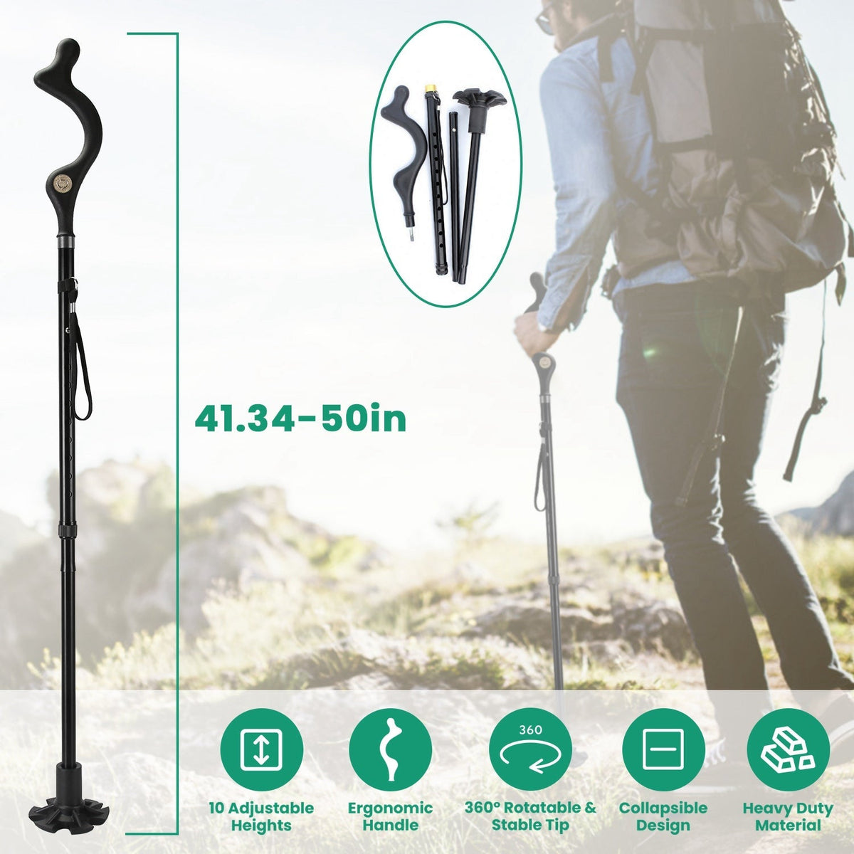 Posture Walking Cane with 10 Adjustable Heights