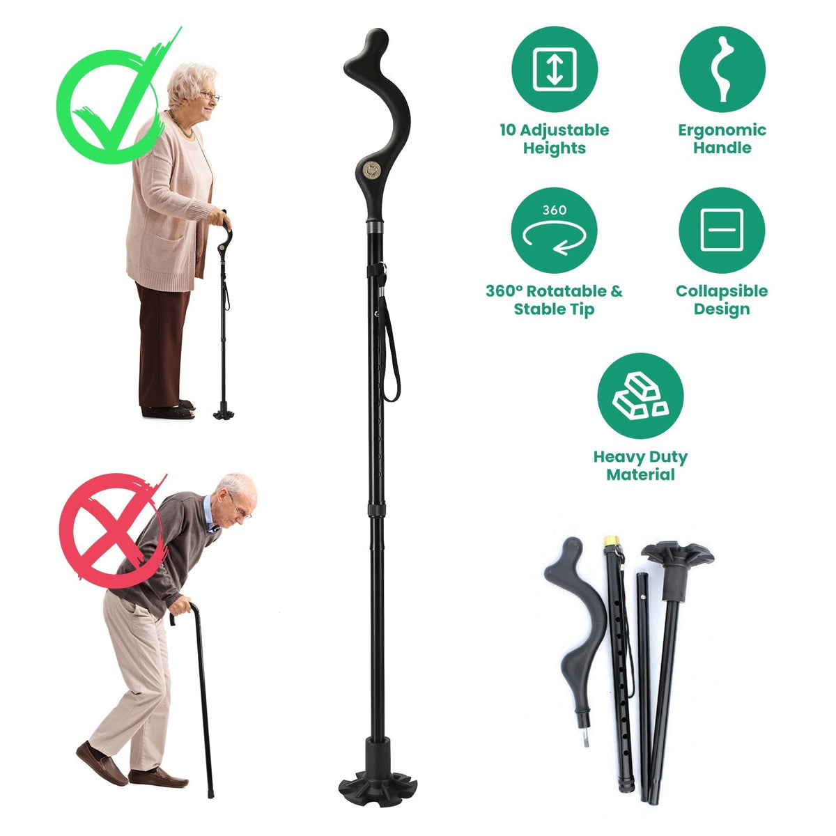 Posture Walking Cane with 10 Adjustable Heights