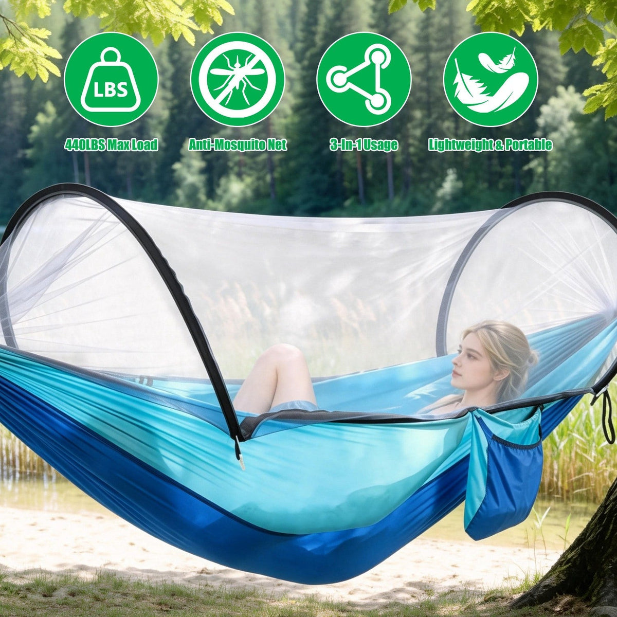 Hammock with Mosquito Net 3-in-1 Portable 440lbs