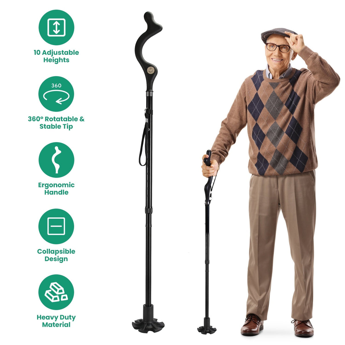 Posture Walking Cane with 10 Adjustable Heights