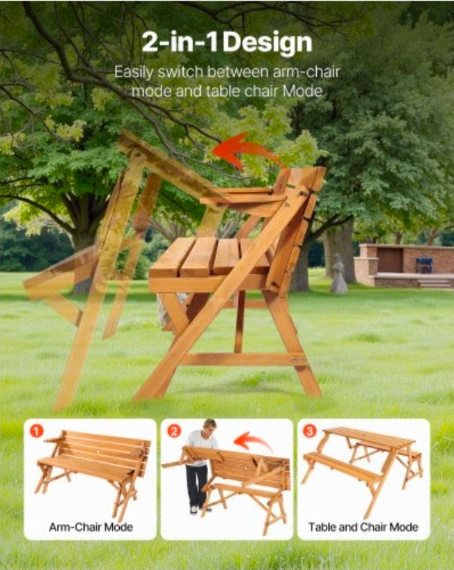 2-in-1  Picnic Table,  Wooden Table and Bench Set