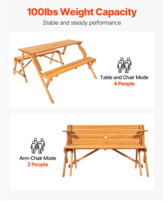 2-in-1  Picnic Table,  Wooden Table and Bench Set